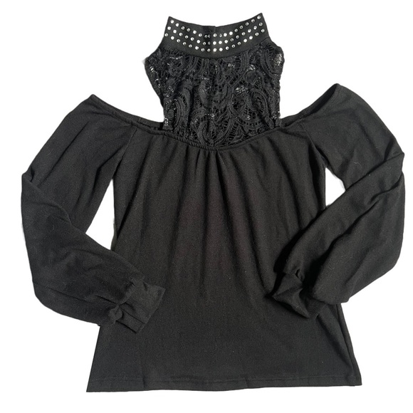 NWOT CHICME BLACK LONG SLEEVE MOCKNECK BLOUSE W/ BLING, LACE AND COLD SHOULDERS - Picture 1 of 8